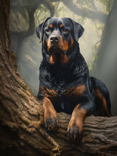 Rottweiler dog on ground and in trees