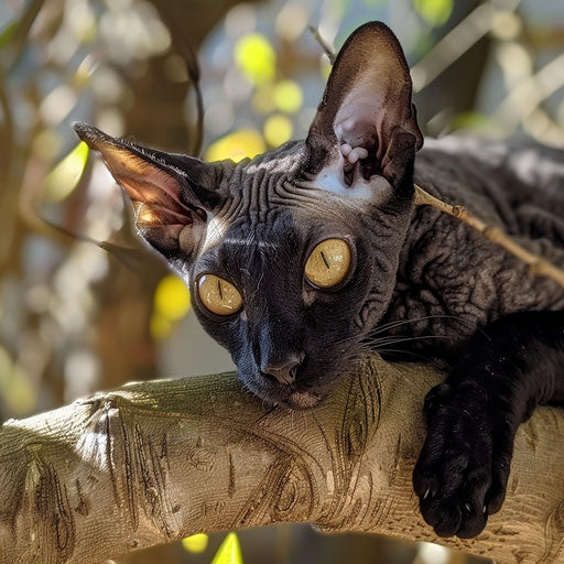 Cornish rex cat lying on a tree branch