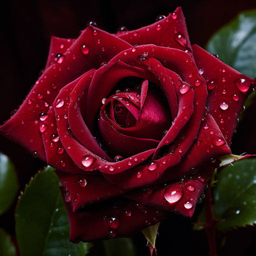 Water droplets on a red rose flower, dark pink and dark crimson style