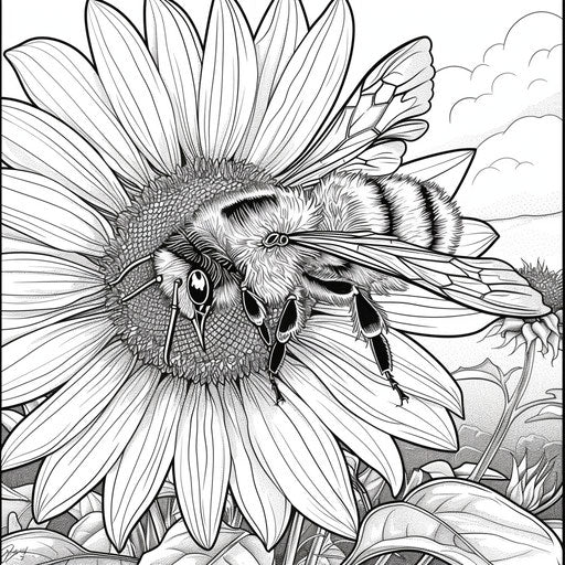 Bee on sunflower, clear sky, coloring book page
