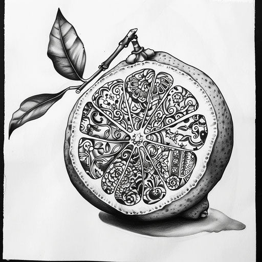 Cultural flat tattoo sketch of a lemon with Mediterranean mosaic tile designs