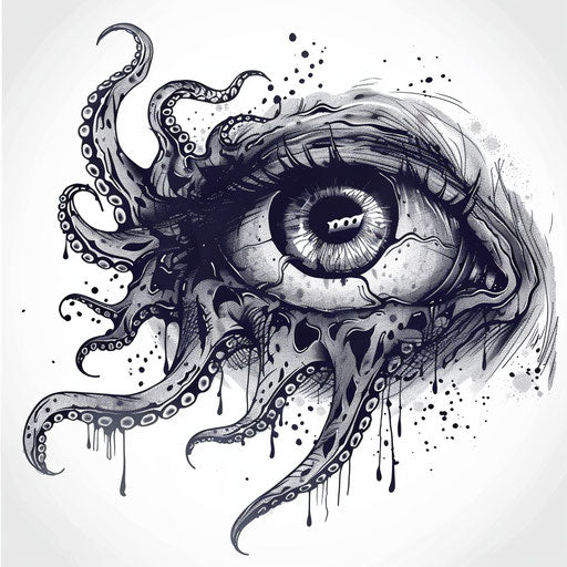 Grotesque monster eye with tentacles, horror tattoo concept on white background
