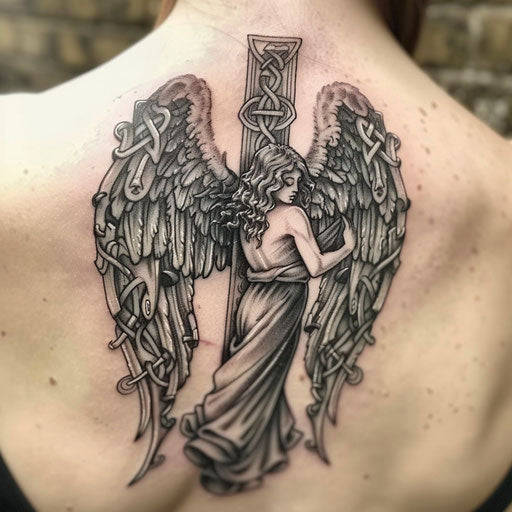 Guardian angel tattoo with Celtic design on white backdrop