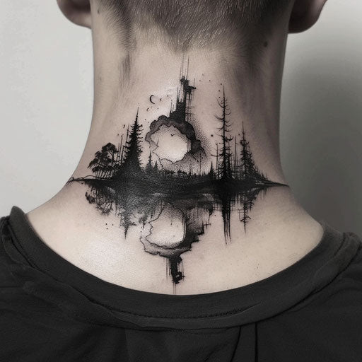 Men's neck tattoo depicting dark, surreal landscapes