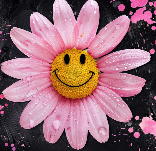 Pink and white smiley face flower clipart, black background 28:27