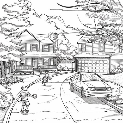 A playful scene of a family playing basketball in their driveway. Coloring book page