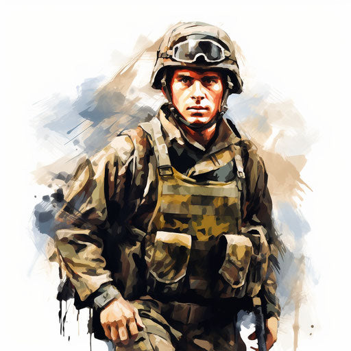Military clipart in the style of Oil painting on white