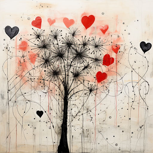 Black dandelion with hearts flying on white background, red and black style