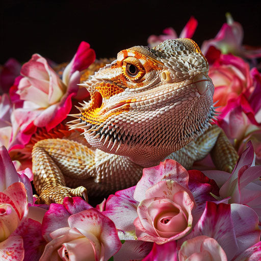 Bearded dragon adorned with delicate flower petals