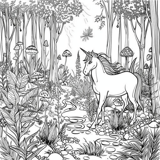 Enchanted forest with unicorns and magical plants