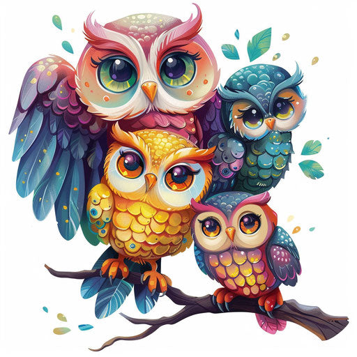 Drawing of owl family on branch, colorful and whimsical