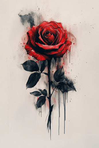 Abstract red rose tattoo design with dripping paint effect