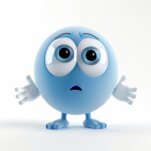 Blue cute emoji looking confused, big white eyes hands