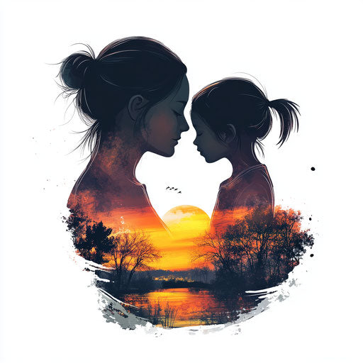 Beautiful clipart style flat tattoo sketch of mother and daughter at sunset