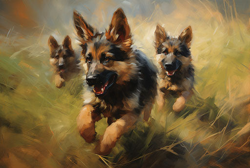 German Shepherd Puppies in Field, Dynamic Balance