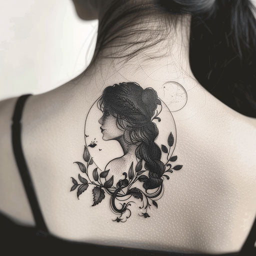 Moonlit goddess silhouette against white background