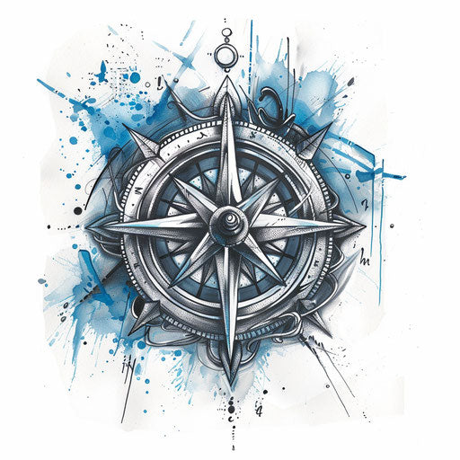 Vintage compass rose tattoo sketch nautical blues grays