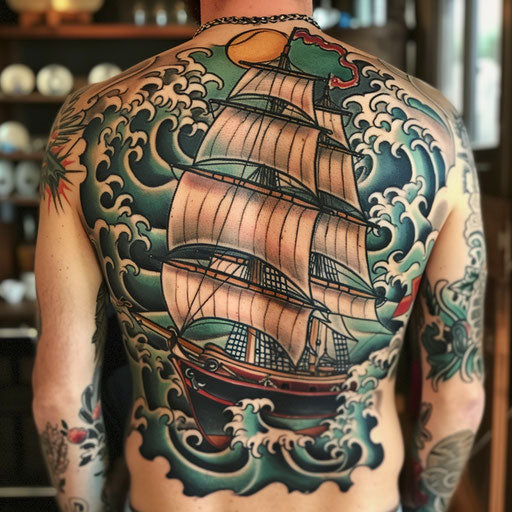 Ship and waves tattoo, Sailor Jerry style