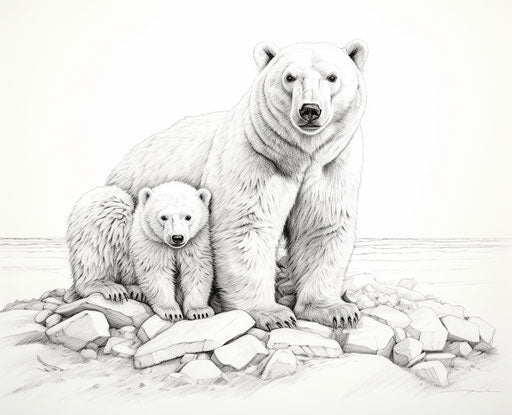 Polar bears with cubs in black and white drawing