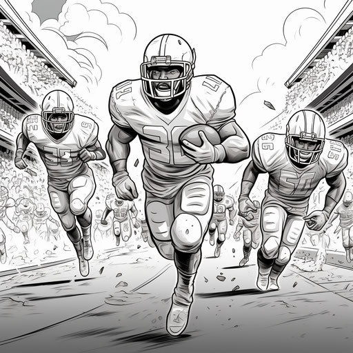 Football players running on field for touchdown, in meticulous inking style