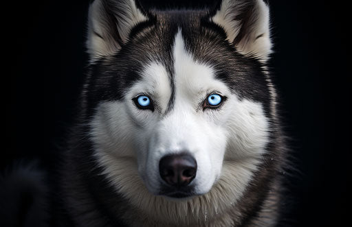 Black and white husky dog with blue eyes, light silver and light maroon style