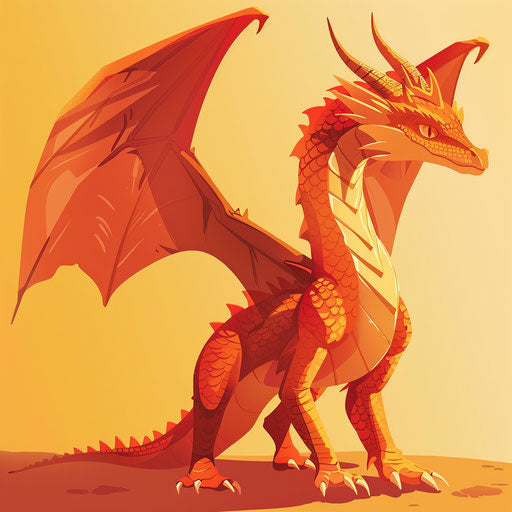 Realistic dragon illustration on a flat sunset orange background