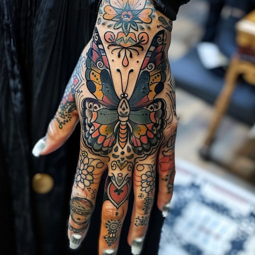 Butterfly hand tattoo with Japanese influences, in the style of Ami James