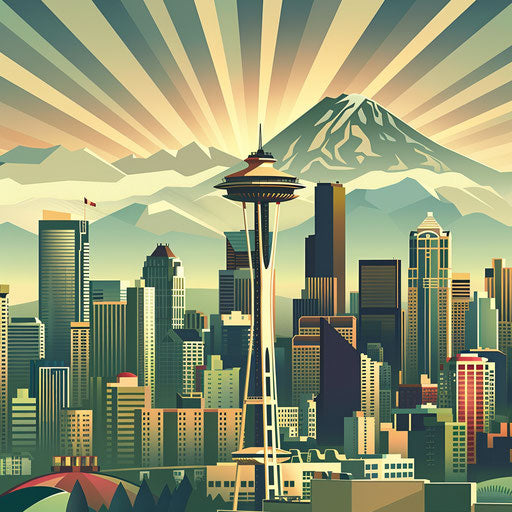 City skyline of Seattle with Space Needle and Mount Rainier in background