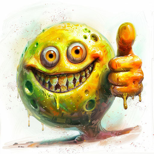 Emoticon with thumbs up, in Patrick Woodroffe style, green and amber, cute and quirky