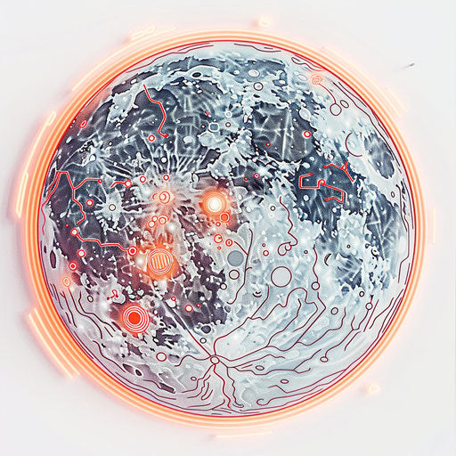 Flat futuristic tattoo sketch of a full moon with digital circuits and neon