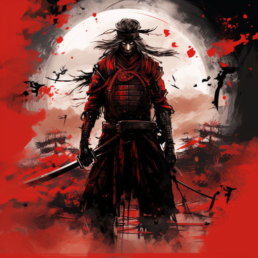 Samurai warrior: inky shadows, apocalyptic mood, dark silver and red, mechanical designs