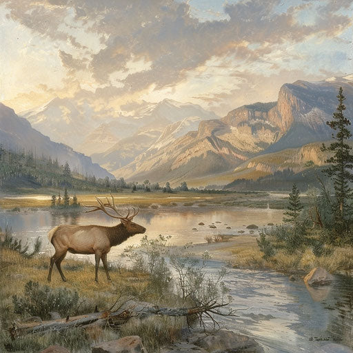 Elk grazing by a wild river, with mountains in the background