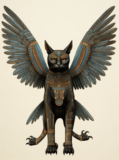 Black cat with wings on white background, ancient Egypt style