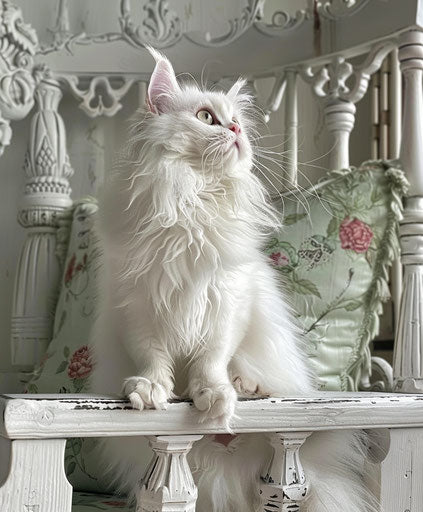 White Persian cat on a white wooden chair