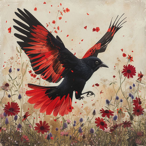 Black bird with red wings flying over wildflowers