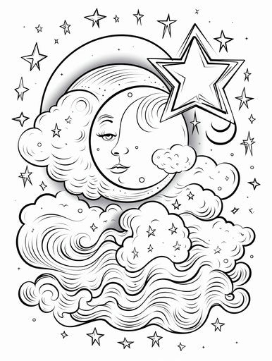 Coloring page with moon and stars, kawaii night mountains
