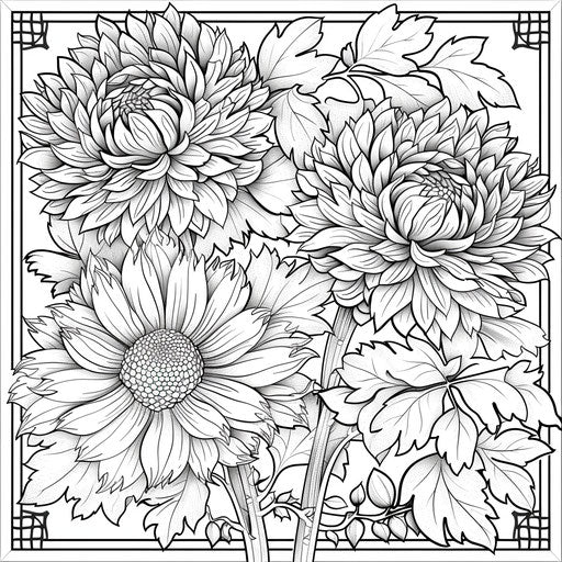 Detailed floral pattern with chrysanthemums and autumn leaves