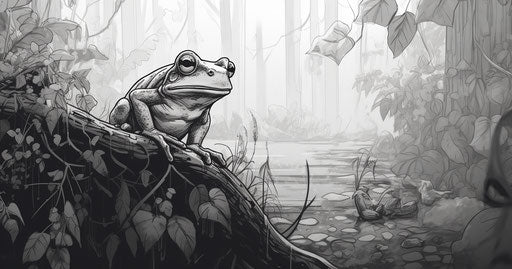 Frog on branch of leaves, heavy outlines, ambient occlusion