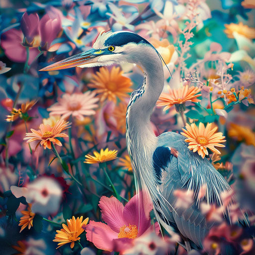 Blue heron surrounded by colorful flowers in Ashraful Arefin style
