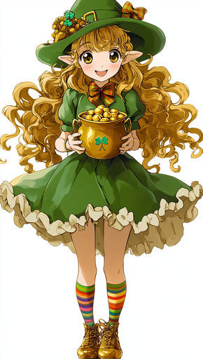 Cute girl in green holding pots of golden ingots