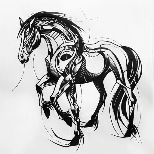 Stylized sketch of a dark horse with tribal markings
