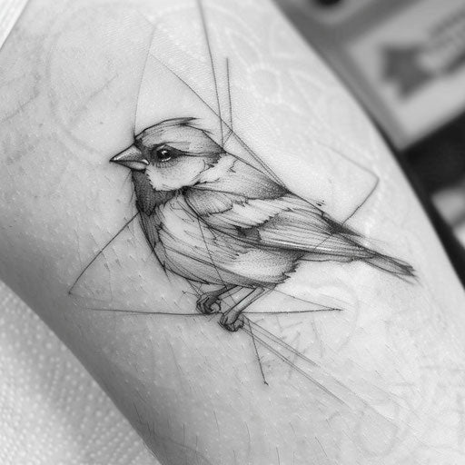 Sketch-style sparrow tattoo, rough pencil drawing on white paper