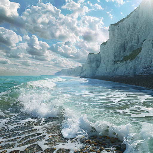 White Cliffs of Dover with crystal clear waves breaking against them