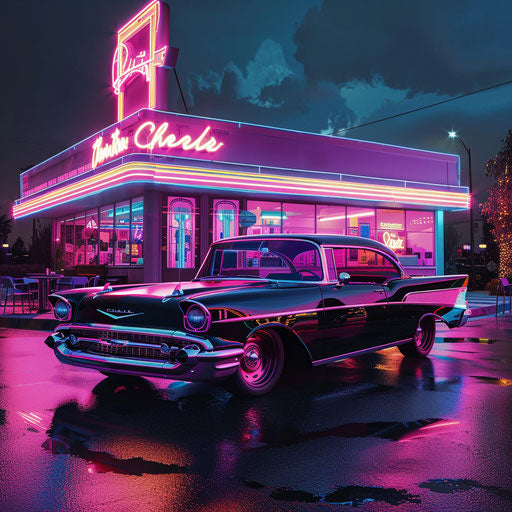 Neon-lit 1967 Chevy Bel Air hotrod at retro diner at night