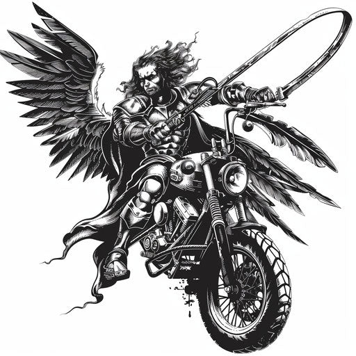 Archangel Michael in battle armor on a war motorcycle
