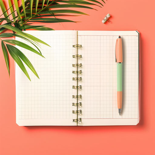 Realistic journal clipart on vibrant coral background