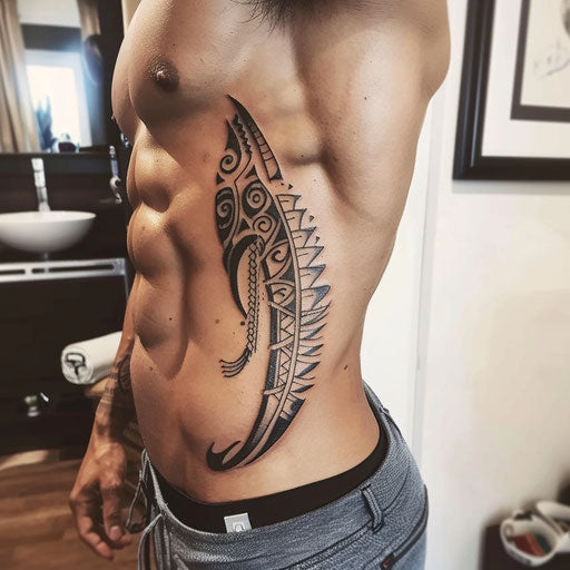 Rib tattoos for men with tribal elements, Ami James style