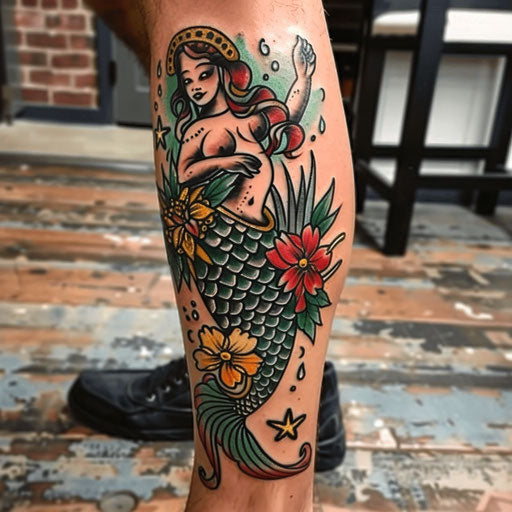 Cool tattoos for men with a traditional mermaid on the leg