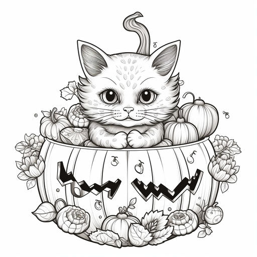 Cat in a coloring pumpkin, toy-like proportions, kawaiipunk style