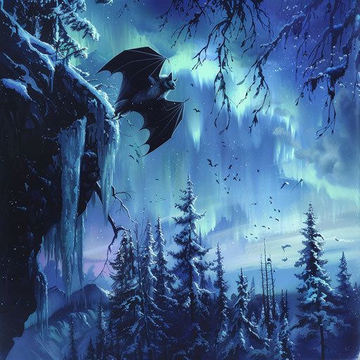 Bat observing the northern lights from a snowy cliff